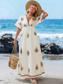 Sylviya Women's White And Brown Boho Summer Vacation Maxi Dress,Floral Print Cross V-Neck Sleeveless Flowy Sun Dresses,Holiday Beach Outfits,Country Concert - Multicolor - View 6