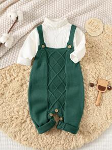 SHEIN Vêtements d'automne/hiver pour bébé garçon/fille nouveau-né/tout-petit : Barboteuses en tricot vert, salopettes, pulls, confortables, polyvalents, à la mode, mignons, rétro, design de base classique et simple, convenant pour l'intérieur, l'extérieur, le ski, le port quotidien, les sports, les jeux, les fêtes, la photographie, les vacances - Vert sapin - Voir 8