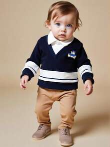 Souflis Souflis Set casual da 2 pezzi in stile scolastico, composto da una maglietta a maniche lunghe blu navy e pantaloni beige chiaro per ragazzi, adatto per la scuola, raduni, uscite e varie occasioni, nuova collezione autunno/inverno 2025 - Blu Navy - Visualizzare 7