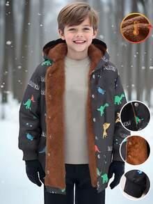 SHEIN 男童恐龙字母印花保暖内衬休闲连帽夹克，秋冬 - 彩色 - 查看 3