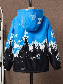 Tween Boys' Casual Fashionable Ink Mountain Letter Graphic Hooded Jacket, Versatile For Autumn/Winter Daily Wear - Multicolor - View 2