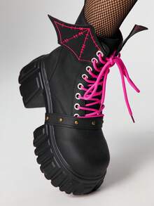 ROMWE 女士哥特朋克摇滚翼形厚底机车靴，皮革系带骑士靴，适合派对礼服，踝靴 - 黑色 - 查看 3