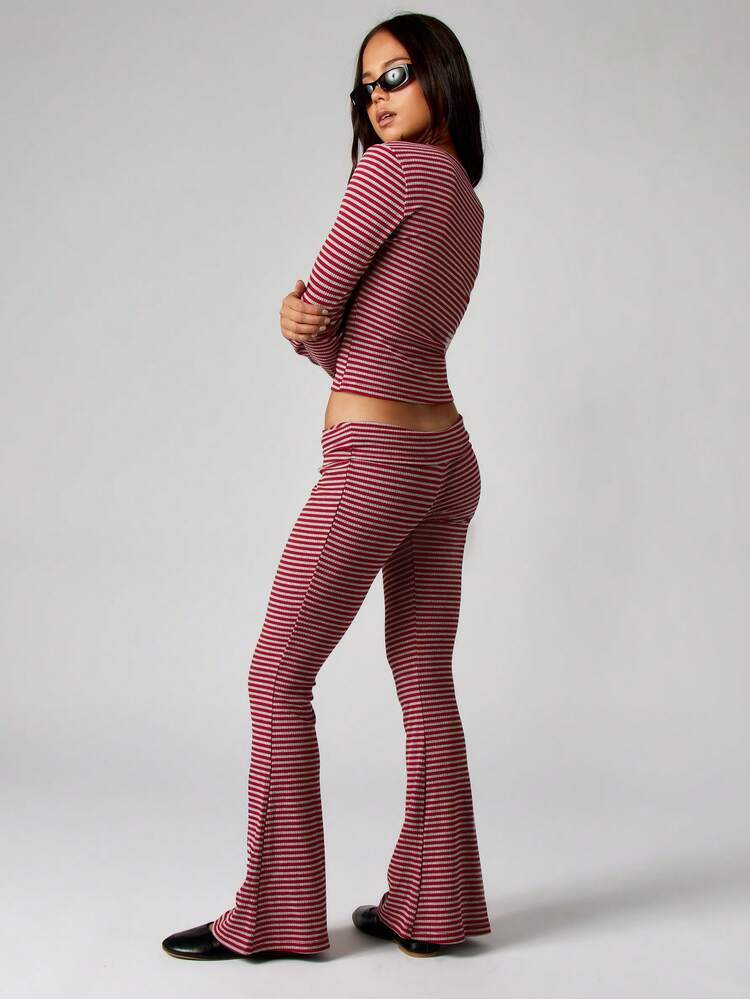MISSGUIDED Dwuczęściowy komplet ze spodniami dzwonami w prążkowane paski, kwadratowy dekolt, krótki top, modne spodnie dzwony w stylu Y2K na jesień i zimę