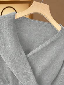 Franclia Women's Autumn Elegant Office Crossover Collar Gold Metal Button Knit Pullover Sweater,Formal Fashion Drop Shoulder Long Sleeve Solid Crop Cardigan - Light Grey - View 3