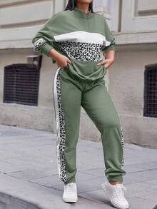 EURMUSE Cotton Plus Leopard Print Colorblock Drop Shoulder Sweatshirt & Sweatpants - Mint Green - View 1