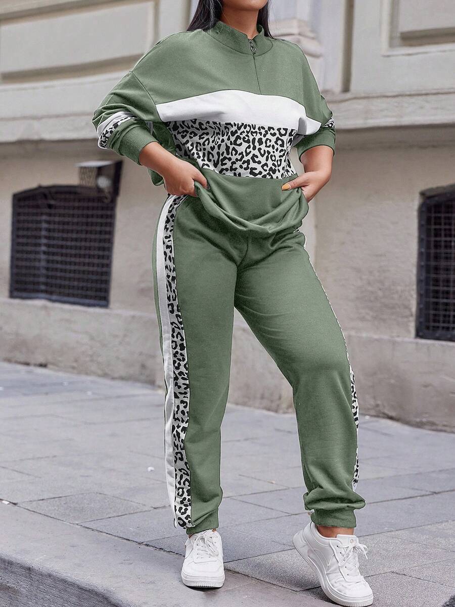 EURMUSE Cotton Plus Leopard Print Colorblock Drop Shoulder Sweatshirt & Sweatpants - Mint Green - View 1