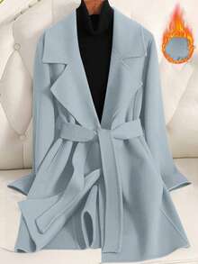 SHEIN Clasi 女士纯色腰带优雅长袖外套，秋冬黑色女式外套 - 藍色 - 查看 1