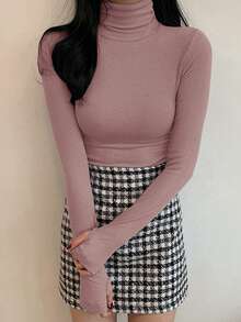 DAZY 女士休闲纯色高领紧身打底T恤，秋冬季 - 淺粉色 - 查看 4