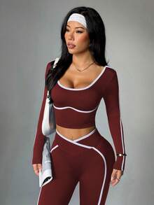 SHEIN Sports 无缝高弹瑜伽健身女式运动交叉腰带撞色套装 - 酒紅色 - 查看 3