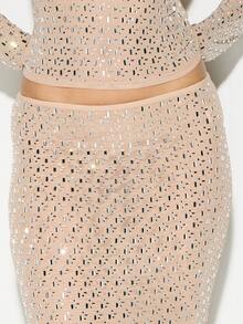 KIZN Nude Beige Hotfix Diamante Embellished Maxi Bodycon Skirt High Rise Evening Party Wear - Pink - View 4