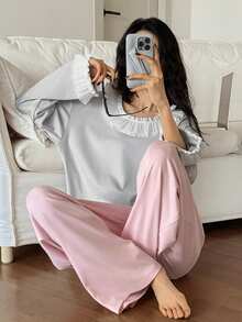 DAZY Conjunto de Pijama Feminino Solto com Babado de Cor Contrastante