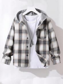 SHEIN Tween Boy Plaid Long Sleeve Single-Breasted Pocket Hooded Shirt, Autumn