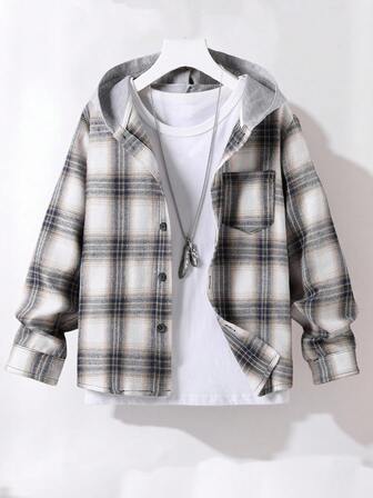 SHEIN Tween Boy Plaid Long Sleeve Single-Breasted Pocket Hooded Shirt, Autumn