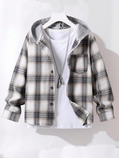 SHEIN Tween Boy Plaid Long Sleeve Single-Breasted Pocket Hooded Shirt, Autumn