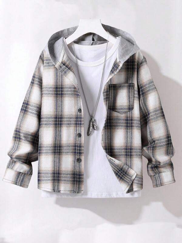 SHEIN Tween Boy Plaid Long Sleeve Single-Breasted Pocket Hooded Shirt, Autumn
