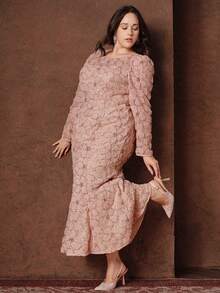 Anewsta Plus Size Women's Fitted Lace Beaded Floral Dress, Pink, Spring/Summer - Pink - View 7