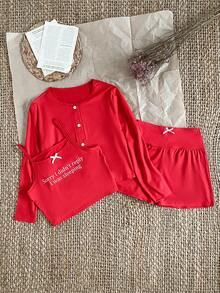 SHEIN 3件組女孩紅白色秋季可愛居家服套裝，修身長袖開襟衫、字母印花背心與短褲休閒服，聖誕睡衣，適合前青春期女孩 - 紅色 - 查看 1
