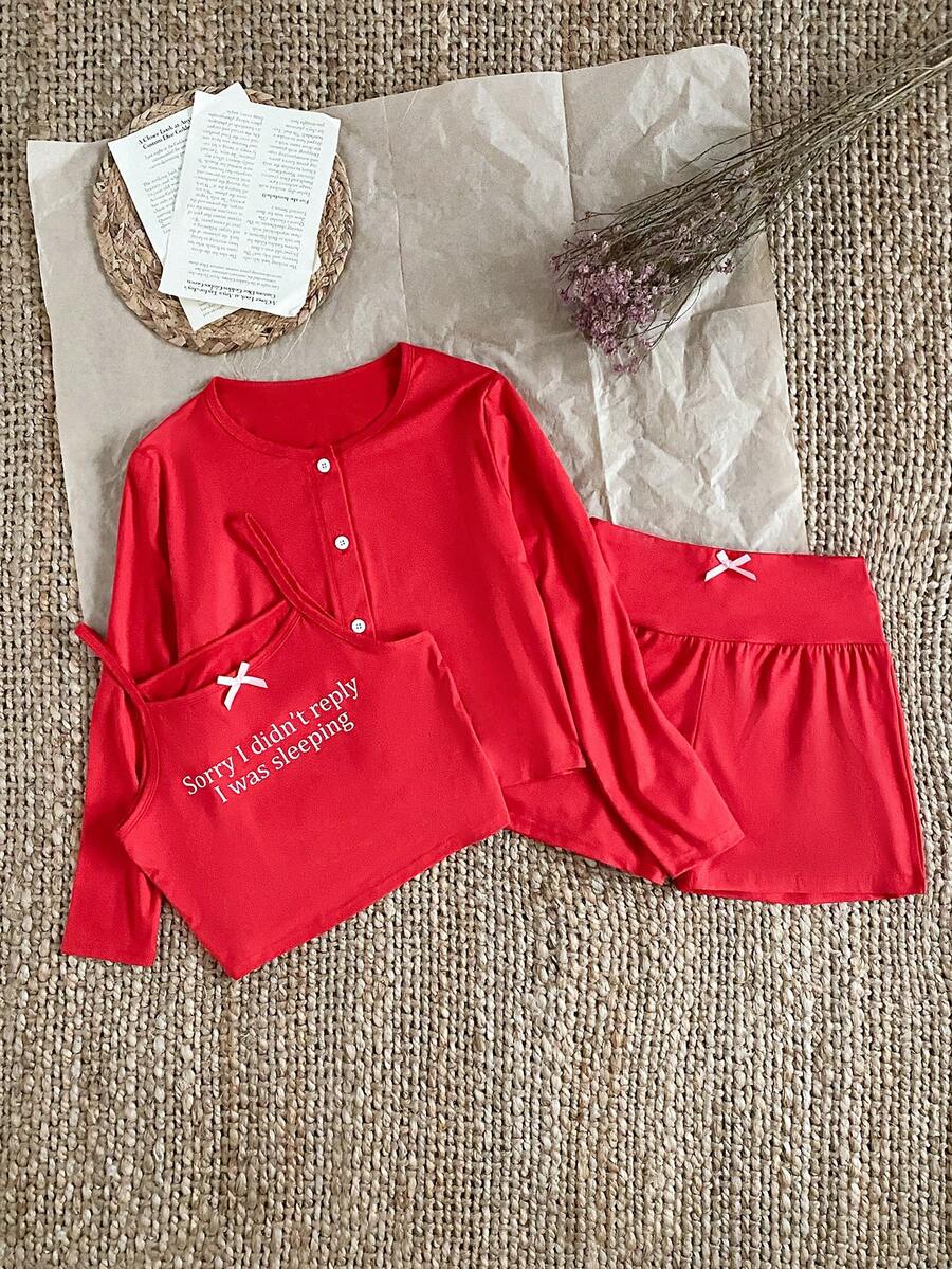 SHEIN 3件組女孩紅白色秋季可愛居家服套裝,修身長袖開襟衫、字母印花背心與短褲休閒服,聖誕睡衣,適合前青春期女孩 - 紅色 - 查看 1