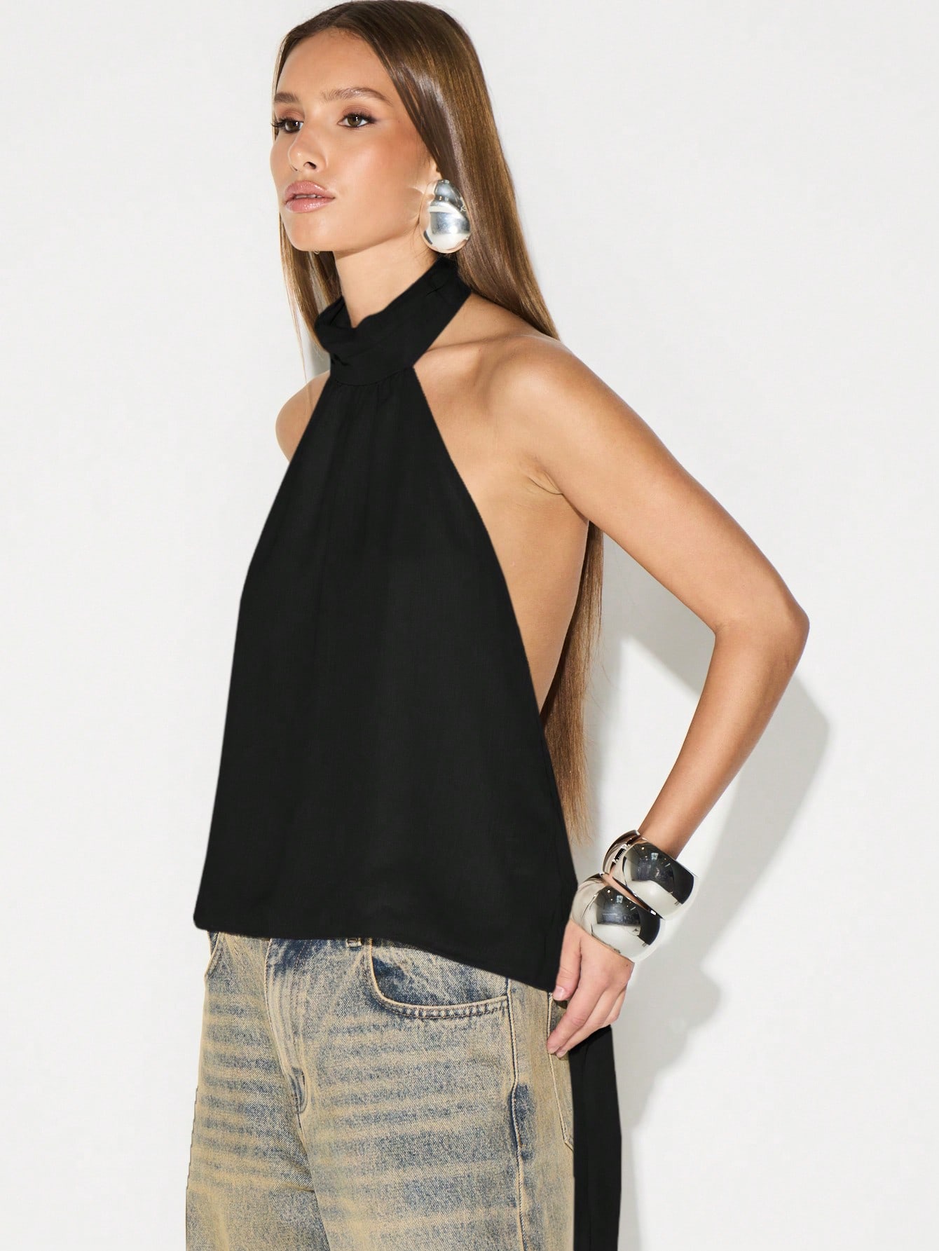 KIZN High Neck Open Back Halter Blouse