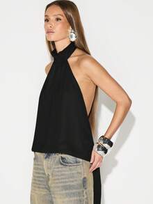 KIZN Halter Neck Open Back Sleeveless Blouse Top High Neck Backless Summer Evening Party Club - Black - View 2