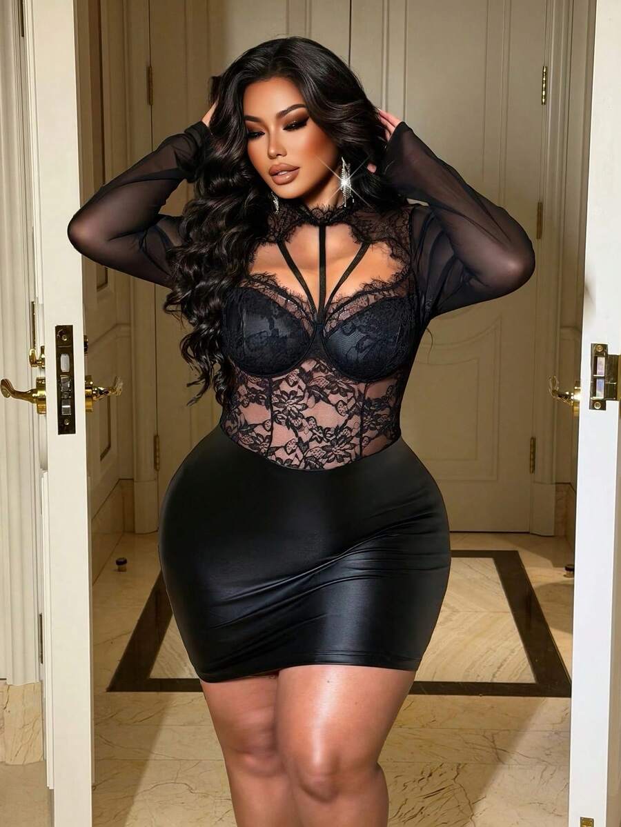 NU&NOW 女士休闲法式风格弹力腰带可调节针织连衣裙，百搭舒适，可内搭/外穿；年轻优雅性感蕾丝拼接长袖仿皮连衣裙，适合约会、度假等场合 - 黑色 - 查看 1