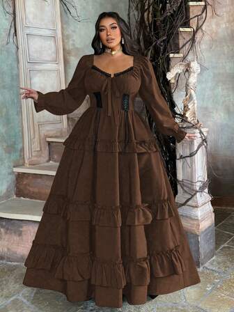 Lyrianda Elegant Ruffle Hem A-Line Dress, Vintage Medieval Punk Princess Style, Plus Size, Suitable For Autumn, Winter, Spring