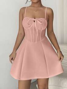 Chiquease Women's Solid Color Ruffle Front Tie Casual Spaghetti Strap Dress, Summer - Pink - View 7