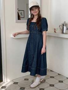 Hapijoa Tween Girls Square Neck Short Sleeve Denim Dress For Summer,Back To School Clothes