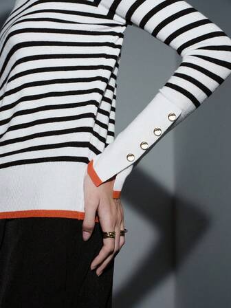 SHEIN Luminelle 百搭圆领休闲条纹撞色长袖针织毛衣