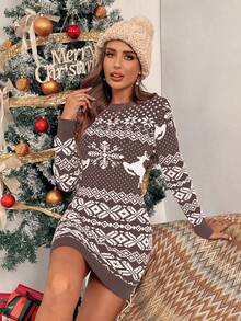 SHEIN LUNE 女士修身圣诞毛衣连衣裙 - 棕色 - 查看 5