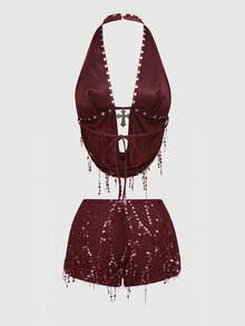 ROMWE Grunge Punk Y2K 坏女孩音乐节服装金属十字架吊坠 PU 拼接渔网串珠露背吊带女装套装 - 酒紅色 - 查看 2