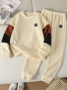 Ținute AW Vacaura Boy: Set 2 bucăți - Tricou cu decolteu în V și culori contrastante, pantaloni cu talie elastică, croială lejeră, potrivit pentru ținute casual, naveta, activități în aer liber, sport, școală, stil stradal, petreceri și ședințe foto, toamnă/iarnă/primăvară - Multicolor - Vizualizare 4
