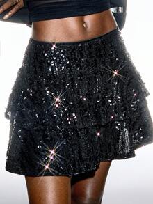 LYSMO 2025 New Arrive Minimalism Winter Women's Solid Color Sequin Ruffle Hem Fashionable Elegant Skirt,Party Clothing - Black - View 4
