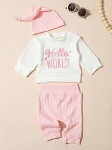 SHEIN HELLO Letter Embroidered Newborn Photography Outfit, Baby Boys/Girls Top, Pants, Hat 3pcs Set, Infant 1 Month 100 Days Studio Photo Shoot Clothing