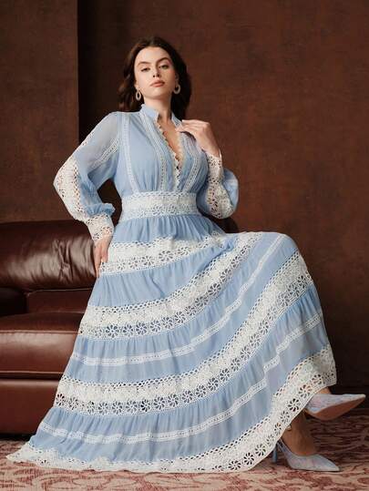 Anewsta 大码法式时尚宫廷镂空蕾丝拼布浪漫长裙，适合春季、节日、度假