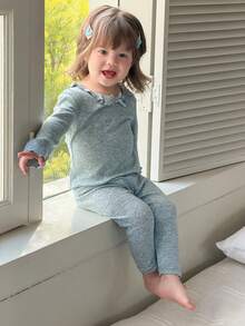 DAZY 2pcs Baby Girls Generous Collar Ruffle Bow Comfortable T-Shirt And Long Pants Pajama Set - Blue - View 1