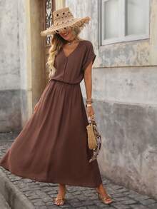 Brillora Spring/Summer Holiday Dresses, V-Neck, Half-Open Placket, Textured Fabric, Women's Short-Sleeved Loose Dresses, Summer Beach Dresses, Back-To-School Outfits, Very Simple Outfits, Women's Country Style Clothing, Office Wear, Old-Fashioned Style, Teacher's Outfits, Date Outfits, Graduation Season Dresses, Women's Dresses, Casual Spring/Summer Dresses, Brown Dresses. - Brown - View 3