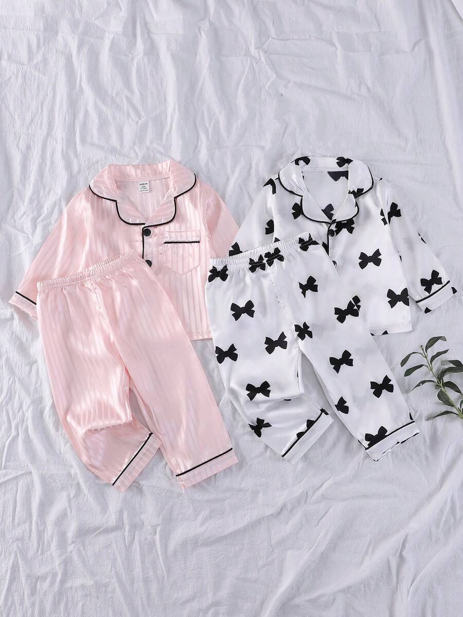 Baby Girls Satain Pajamas-2 Piece Collared Long Sleeve Button Front Pajama Set With Long Pants Pink Striped And White Bow Print Black Piping All Season Sleepwear Cozy Gentle For Naptime Playtime Family Matching Gift 2026 Holiday Must Have Spring To Summer - Multicolor - View 1