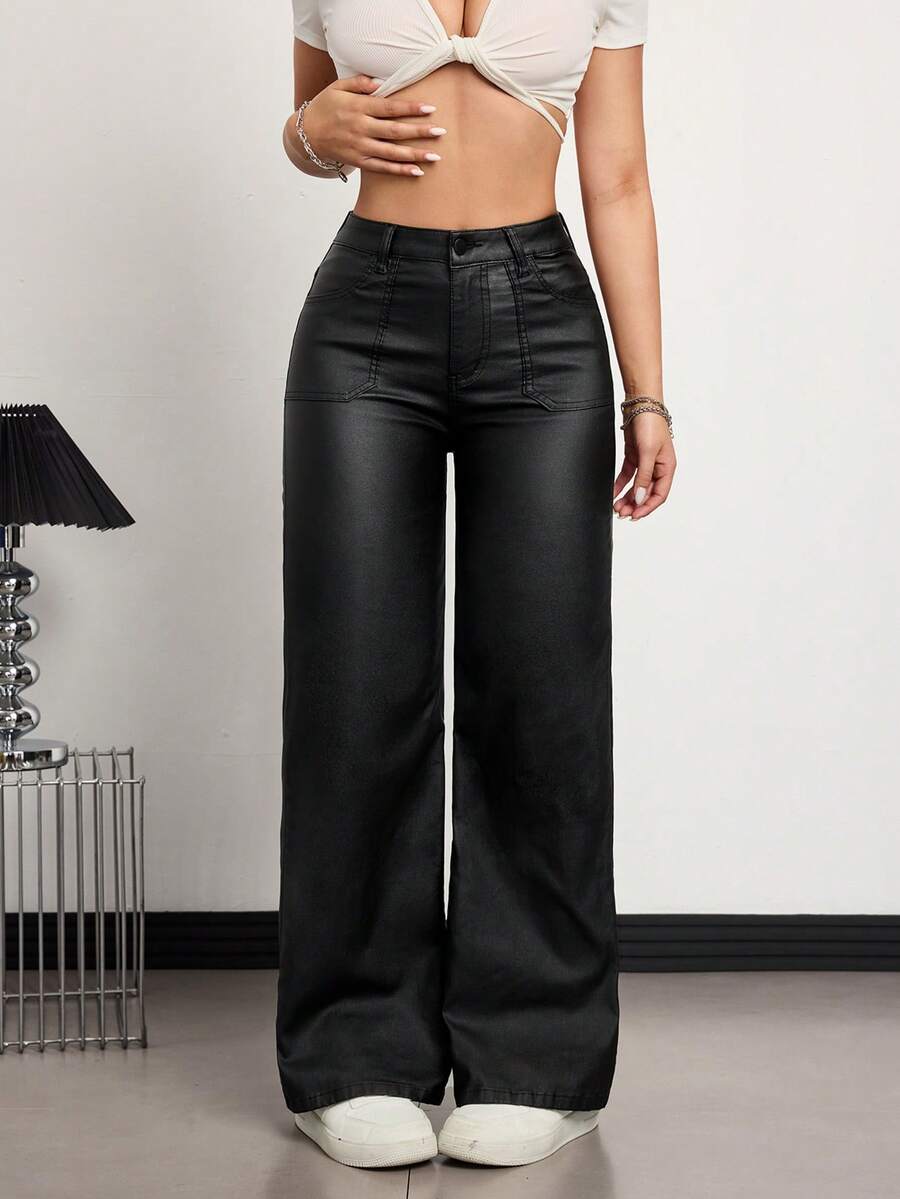 Jeanoix Casual Versatile Straight Cut Loose Fit Elastic Woven Coated Black Pants For Women - Black - View 1