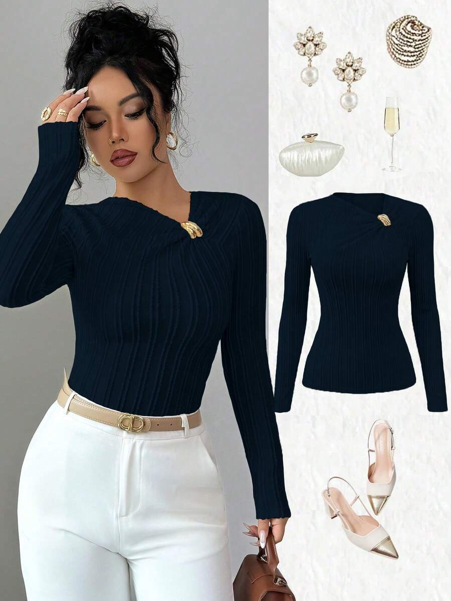 SHEIN Elenzya Damen leicht gelbes einfarbiges Jacquard-Gewebe mit Textur, asymmetrischer Metallschnalle, V-Ausschnitt, tailliert, sexy Design, elegantes Kleid von hoher Qualität, geeignet für Schule, Partys - marineblau - Übersicht 1