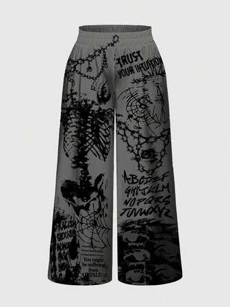Grunge Punk Punk Totenkopf Kette Augen Muster Große Größen Weite Passform Weite Bein Hose, Vintage Grau