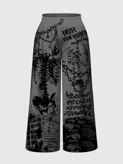 Grunge Punk Pantaloni larghi vintage grigi con stampa di teschi e catene, stile punk, taglie comode