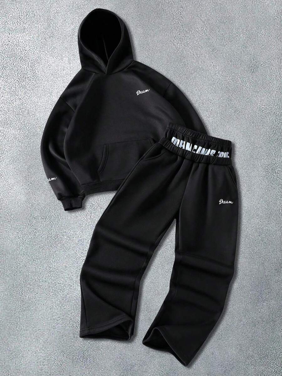 Coolqubz 2pcs/Set Teenage Boys' Minimalist High Street Pullover Hoodie Sweatshirt Paired With Straight Loose Knit Pants, Sweatshirt With Exquisite Printed Pattern, Pants With Double Waistband Design, Comfortable Fabric, Versatile Colors, Suitable For School And Casual Wear, Autumn/Winter,Unisex - Black - View 1