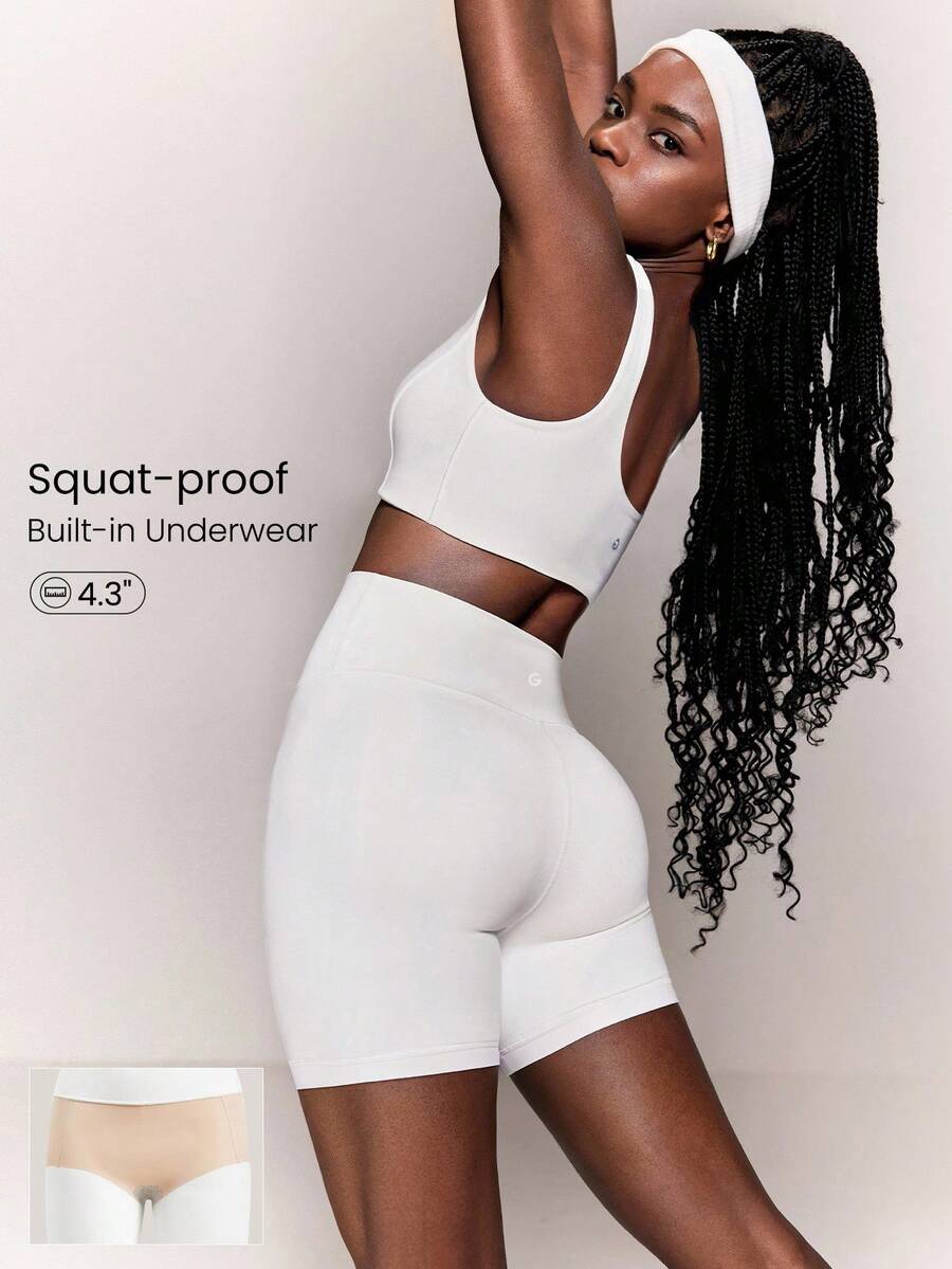 GLOWMODE 4.3" FeatherFit™ High-Rise Waist Shorts With Built-In Shorts Non-Slip Grips Low Impact Yoga Pilates Studio Daily Casual Wear - White - View 1