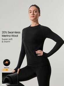 GLOWMODE Seamless Wool Soft Warm Fitted Performance Breathable Shaping Tee Daily Casual - Black - View 1