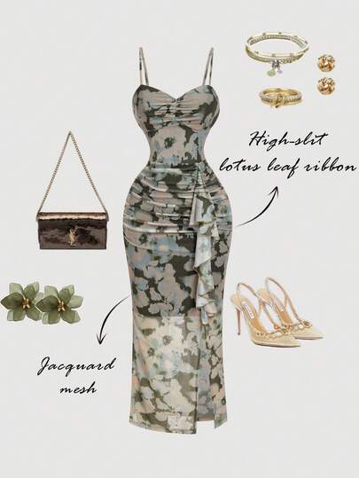 SHEIN MOD Vintage Floral Print Pleated Slit Midi Dress – Fairy Dress, Formal Dress, Sundress, Carnival Costume, Vintage 70s, Y2K, Date, Party, Court, Festive, Birthday, Prom, Boho, Grunge Punk