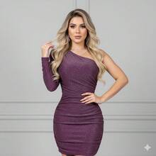 Vestido Asimetrico Sexy de Fiesta Un Hombro con Manga Larga, Fruncido y Abertura | Disponible en Varios Colores - Morado - Ver 4