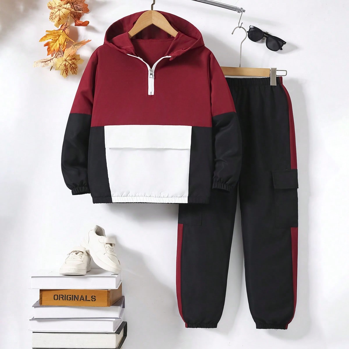 Set de 2 piezas: Sudadera con capucha con media cremallera y pantalones casuales con dobladillo con cordón para niños preadolescentes, adecuado para