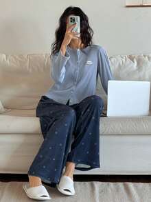DAZY Letter Decor Solid Color Top & Geometric All-Over Print Pants Women Sleepwear Pajama Set, Winter Clothes - Dusty Blue - View 6