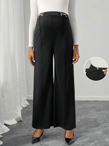 SHEIN Quần ống rộng tối giản họa tiết kim loại có thể điều chỉnh eo, dùng khi đi làm - màu đen - Xem 1